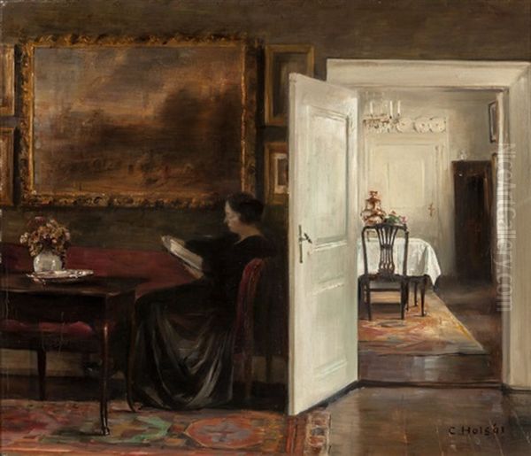 Reading On A Quiet Afternoon Oil Painting by Carl Vilhelm Holsoe