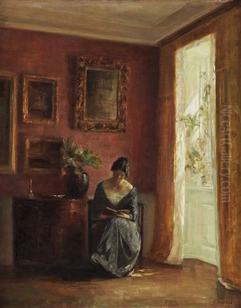 Interior With Woman Reading By The Window Oil Painting by Carl Vilhelm Holsoe