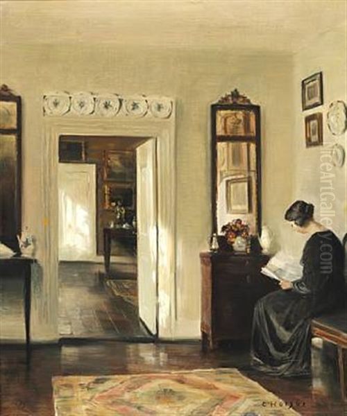 Interior With The Painter's Wife Reading Oil Painting by Carl Vilhelm Holsoe