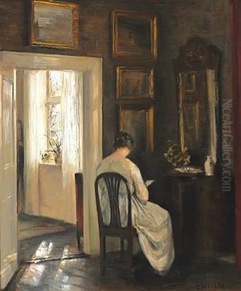 Interior With The Painter's Wife Reading Oil Painting by Carl Vilhelm Holsoe