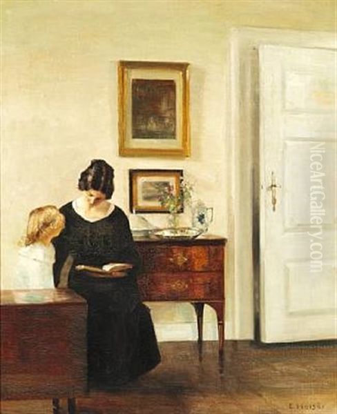 Interior With The Artist's Wife Reading Aloud For Their Daughter Oil Painting by Carl Vilhelm Holsoe