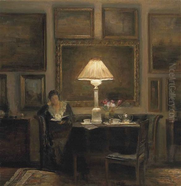 A Lady Reading By Lamplight Oil Painting by Carl Vilhelm Holsoe