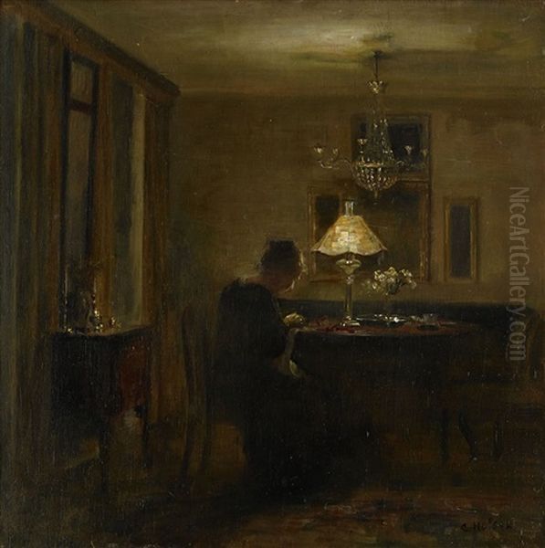 Interior Med Broderande Kvinna Oil Painting by Carl Vilhelm Holsoe