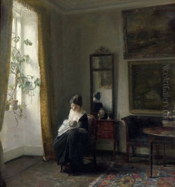 Interieur Mit Mutter Und Stillendem Kind Oil Painting by Carl Vilhelm Holsoe