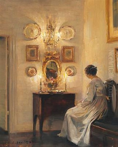 Interior With The Artist's Wife Near A Chest Of Drawers With Two Candles Oil Painting by Carl Vilhelm Holsoe