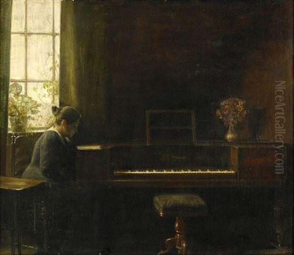 Interior Med Sittande Kvinna Vid Pianot Oil Painting by Carl Vilhelm Holsoe