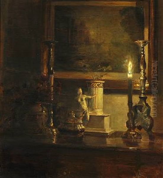 Evening Interior With A Candle Illuminating An Etching On The Wall Oil Painting by Carl Vilhelm Holsoe