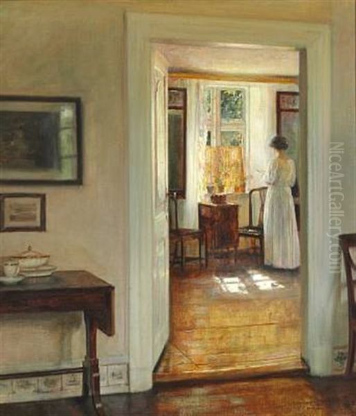 Interior With The Painter's Wife Reading At The Window, Sunshine Oil Painting by Carl Vilhelm Holsoe