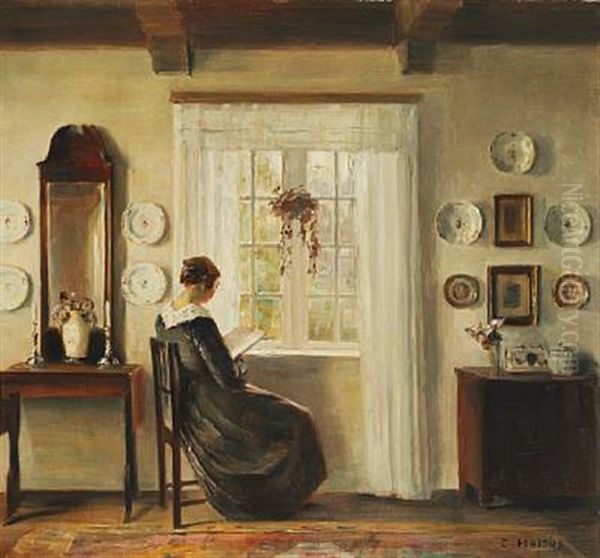 Interior With The Painter's Wife Reading At The Window Oil Painting by Carl Vilhelm Holsoe