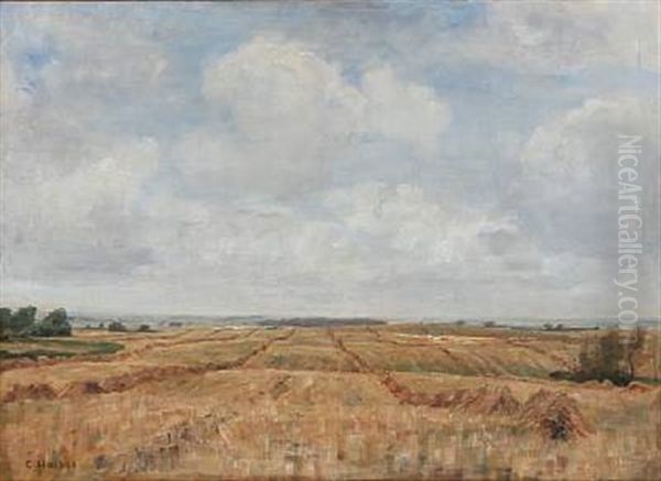 Danish Harvest Landscape Oil Painting by Carl Vilhelm Holsoe