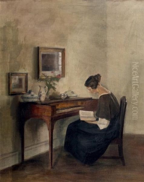 La Lecture Devant Le Pianoforte Oil Painting by Carl Vilhelm Holsoe