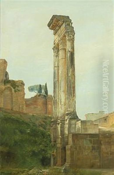 Scenery From Forum Romanum In Rome With The Three Colums Of The Temple Of Castor And Pollux Oil Painting by Carl Vilhelm Holsoe