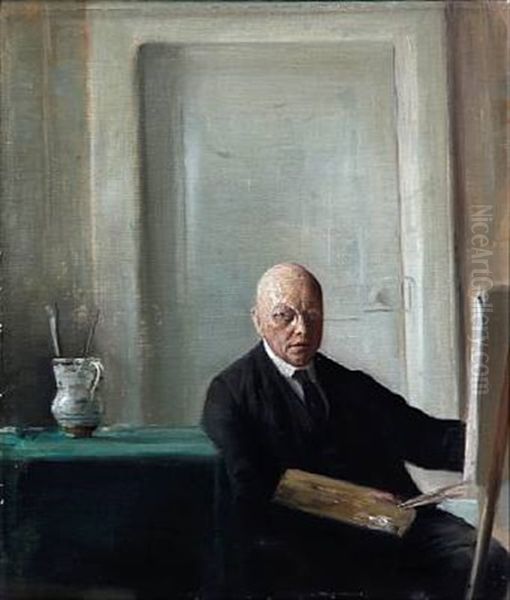 Self-portrait Of The Artist At His Easel Oil Painting by Carl Vilhelm Holsoe