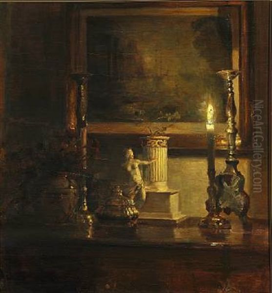 Evening Interior With A Candle Illuminating An Etching On The Wall Oil Painting by Carl Vilhelm Holsoe