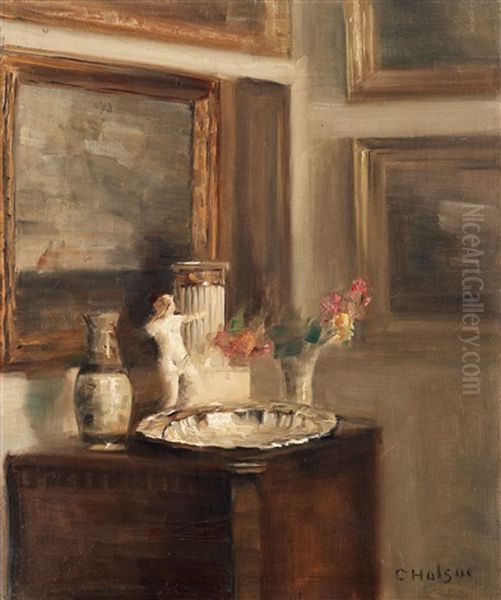 Interior Med Silverbricka Oil Painting by Carl Vilhelm Holsoe