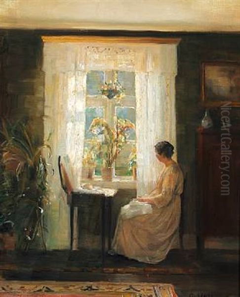 Interior With The Artist's Wife In A Light Dress Near The Window Oil Painting by Carl Vilhelm Holsoe