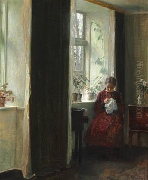 Interior With A Girl In A Red Dress Sewing Near The Window Oil Painting by Carl Vilhelm Holsoe