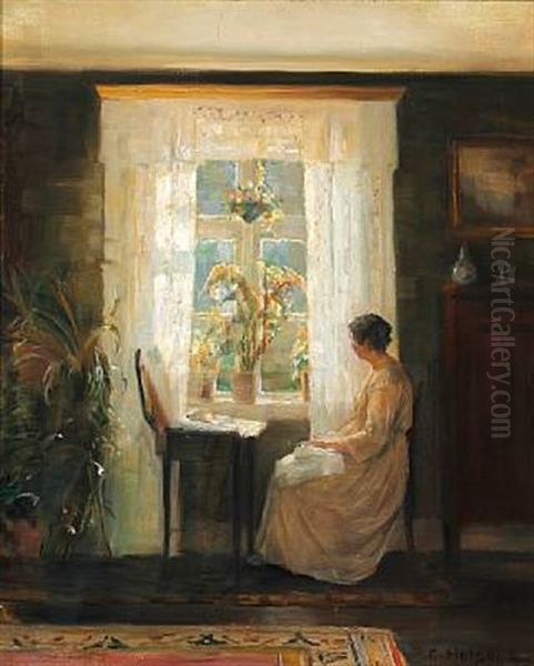 Interior With The Artist's Wife In A Light Dress Near The Window Oil Painting by Carl Vilhelm Holsoe