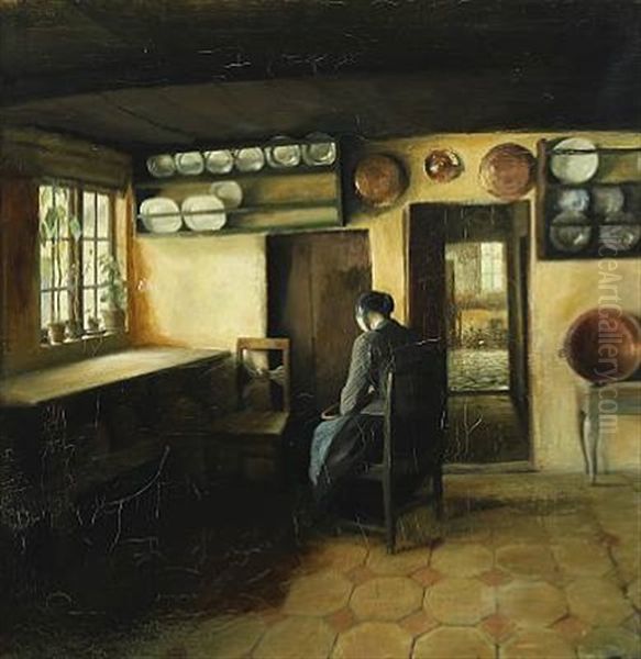 Interior With A Woman In The Kitchen Oil Painting by Carl Vilhelm Holsoe