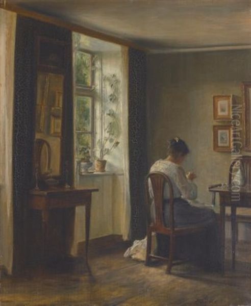 Seamstress Sewing In An Interior Oil Painting by Carl Vilhelm Holsoe