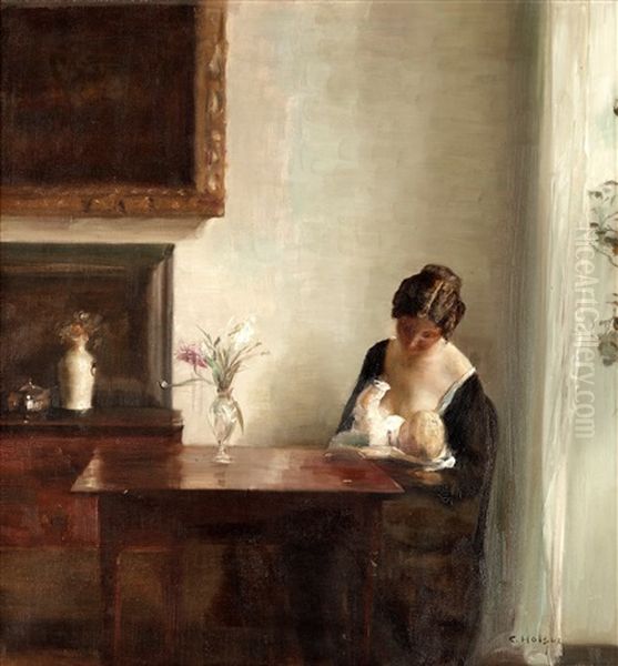 Borgerlig Interior Med Kvinna Och Barn Oil Painting by Carl Vilhelm Holsoe