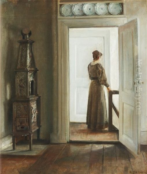 Interior Med Kvinna Oil Painting by Carl Vilhelm Holsoe