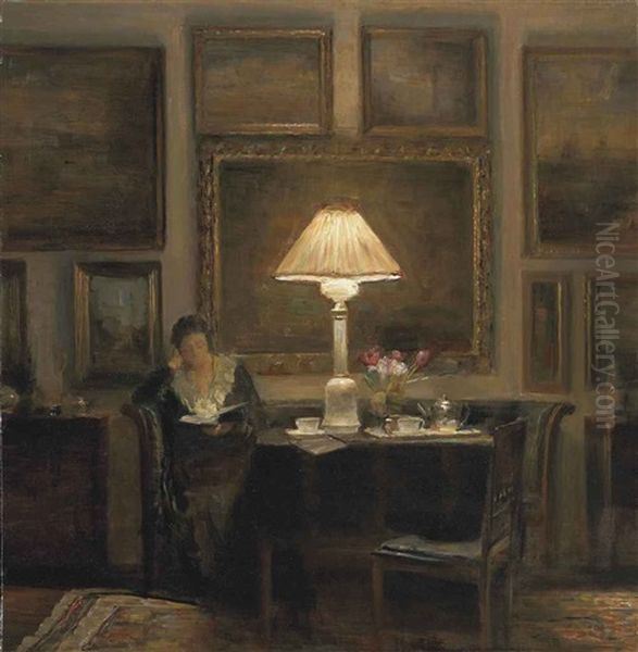 A Lady Reading By Lamplight Oil Painting by Carl Vilhelm Holsoe