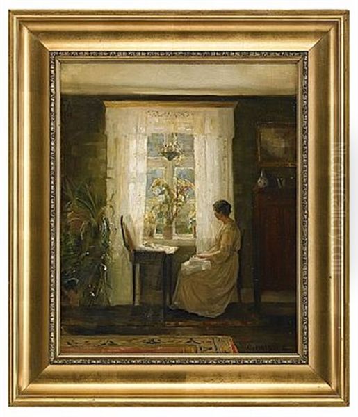 Interior Med Handarbetande Kvinna Oil Painting by Carl Vilhelm Holsoe