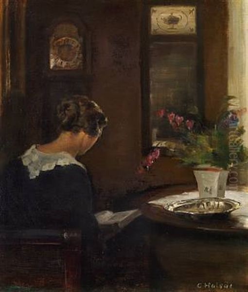 Interior With The Artist's Wife Reading At A Table Oil Painting by Carl Vilhelm Holsoe