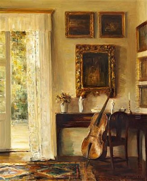 Interior With A Cello, Small Piano And An Open Door To The Garden Oil Painting by Carl Vilhelm Holsoe