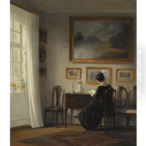 Kvinde Der Sidder I Dagligstuen (lady Seated In A Drawing Room Interior) Oil Painting by Carl Vilhelm Holsoe