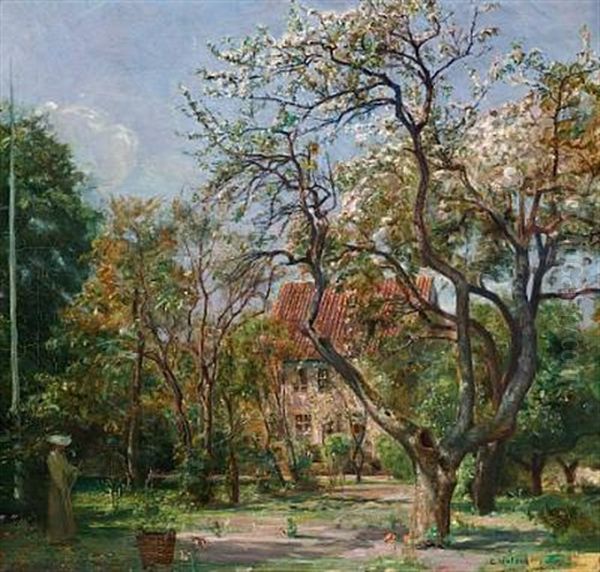 House In A Garden With Fruit Trees In Bloom, In The Foreground A Woman In A Long Dress Oil Painting by Carl Vilhelm Holsoe