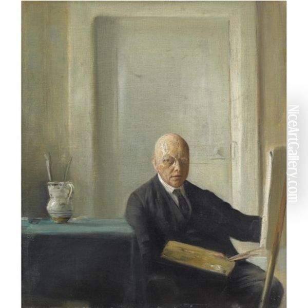 Kunstneren Ved Sit Staffeli-self Portrait Oil Painting by Carl Vilhelm Holsoe