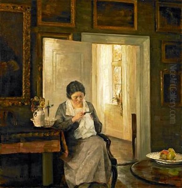 Interior With A Sewing Woman Oil Painting by Carl Vilhelm Holsoe