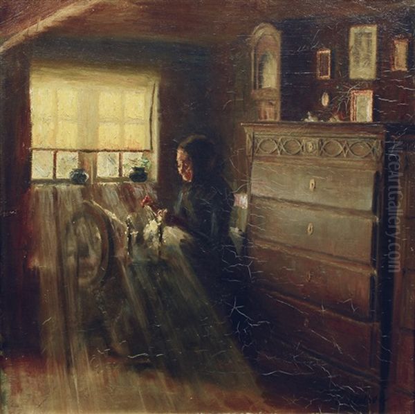 A Woman Spinning Oil Painting by Carl Vilhelm Holsoe