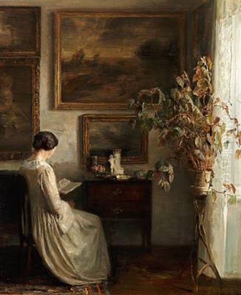 Interior With A Woman Dressed In White Reading By The Window Oil Painting by Carl Vilhelm Holsoe