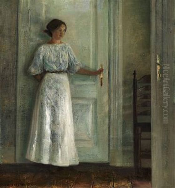 Interior With The Artist's Wife In A White Dress Oil Painting by Carl Vilhelm Holsoe