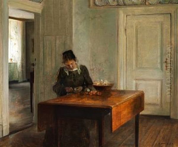 Interior With A Woman Peeling Apples Oil Painting by Carl Vilhelm Holsoe