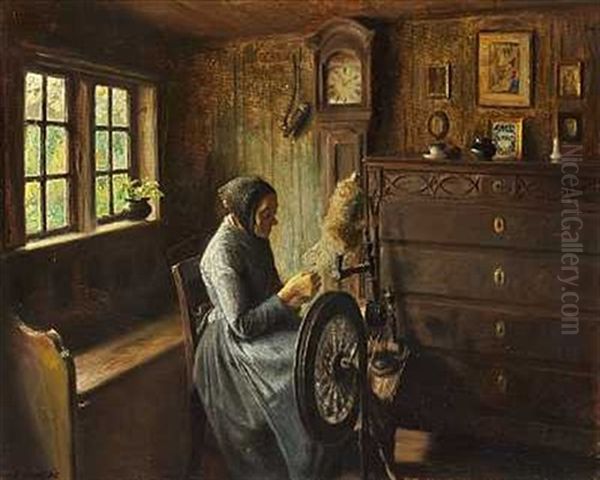 Almueinterior Med Gammel Kone Ved Spinderokken Oil Painting by Carl Vilhelm Holsoe