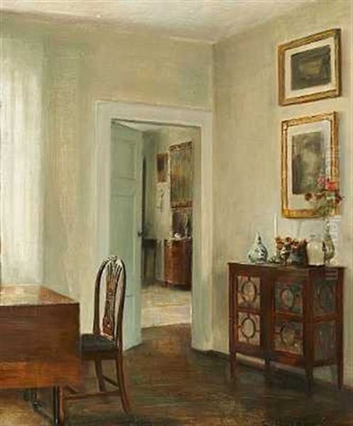 Interior Med Abentstaende Dor. Kunstnerens Hjem Pa Altonagarden Ved Torbenfeldt Gods, Morkov Oil Painting by Carl Vilhelm Holsoe