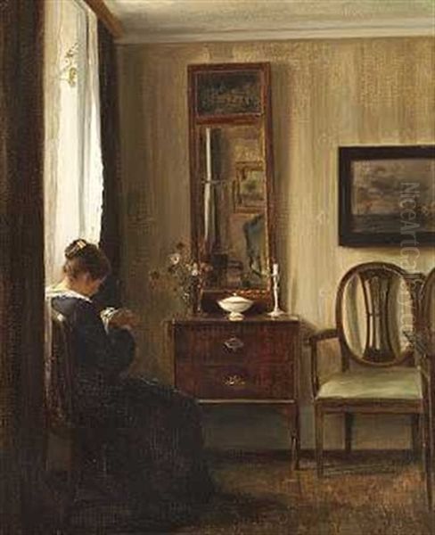 Interior Med Kunstnerens Kone Med Sytoj I Handen Ved Vinduet Oil Painting by Carl Vilhelm Holsoe