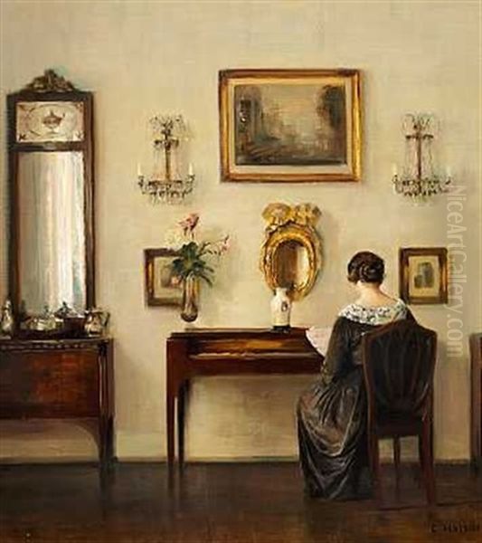 Interior Med Kunstnerens Hustru Ved Klaveret Oil Painting by Carl Vilhelm Holsoe