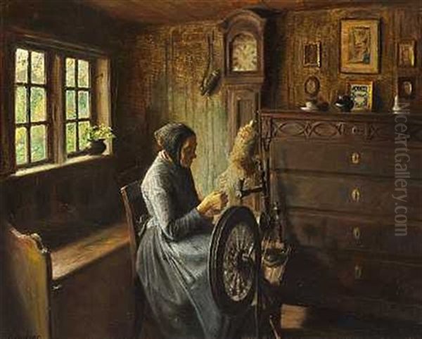 Almueinterior Med Gammel Kone Ved Spinderokken Oil Painting by Carl Vilhelm Holsoe