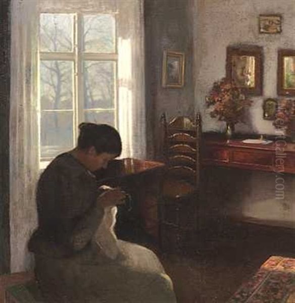 Interior Med Syende Pige Ved Vinduet Oil Painting by Carl Vilhelm Holsoe