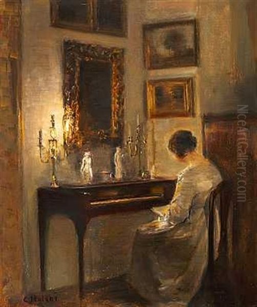 Afteninterior Med Kunstnerens Hustru Ved Et Taffelklaver I Stearinlysets Skaer Oil Painting by Carl Vilhelm Holsoe