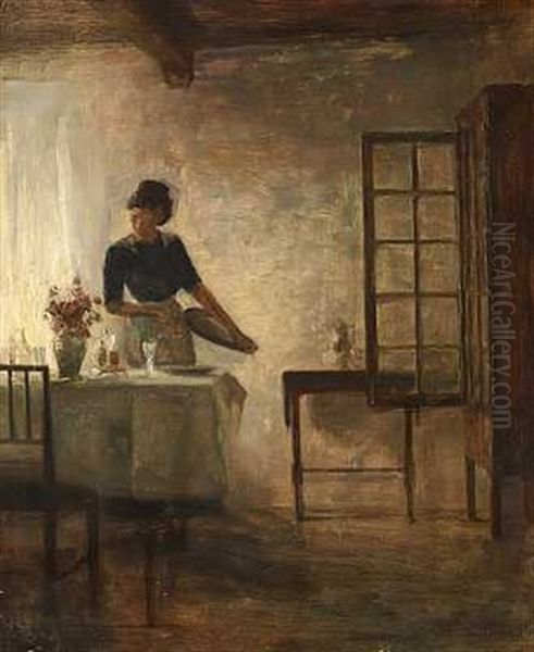 Interior Med En Ung Pige Der Daekker Bord Oil Painting by Carl Vilhelm Holsoe