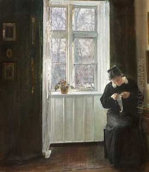 Interior Med Kunstnerens Hustru, Der Syr Ved Vinduet Oil Painting by Carl Vilhelm Holsoe