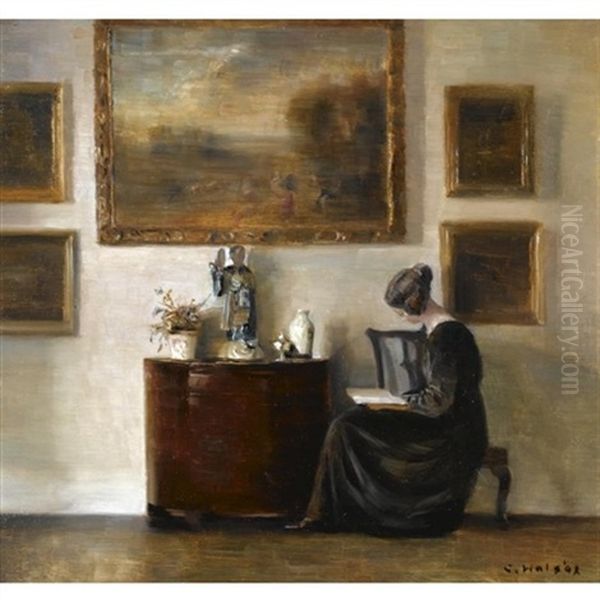 Lady In An Interior Reading Oil Painting by Carl Vilhelm Holsoe