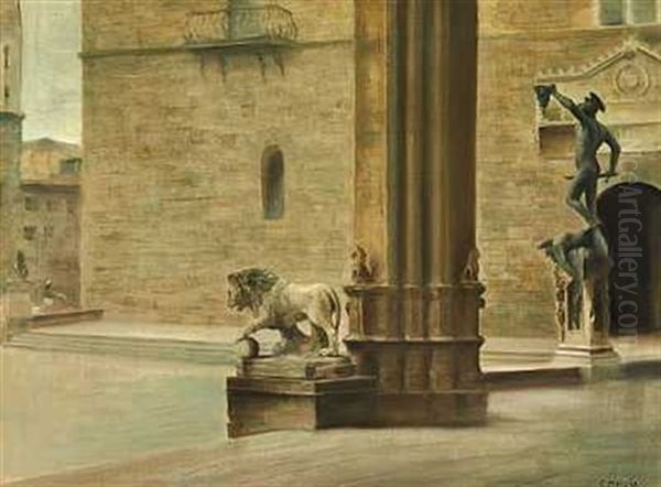 Parti Fra Piazza Signoria I Firenze, Med Udsigt Fra Loggia Dell'orcagna Mod Cellinis Statue Af Perseus Oil Painting by Carl Vilhelm Holsoe