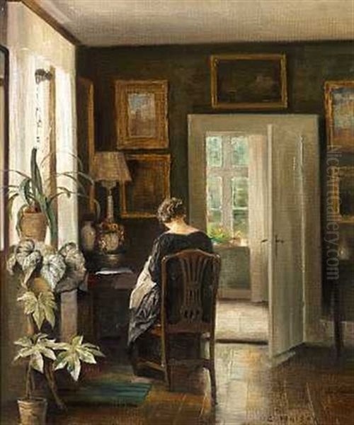 Interior Med Syende Kvinde Ved Vinduet Oil Painting by Carl Vilhelm Holsoe